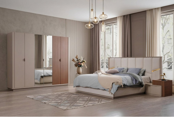 Grande suite de chambre beige Lit double 2x tables de chevet Armoire