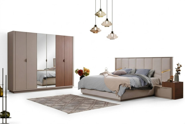Grande suite de chambre beige Lit double 2x tables de chevet Armoire