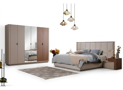 Grande suite de chambre beige Lit double 2x tables de chevet Armoire
