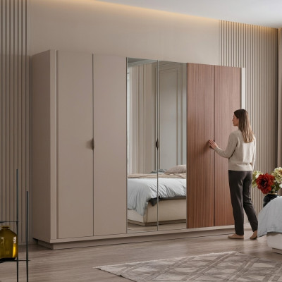 Armoire beige pour chambre, armoires à portes en verre 6 portes.