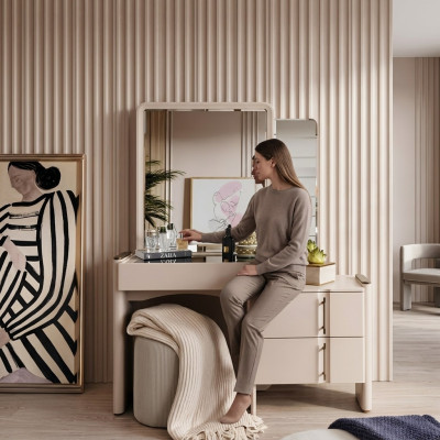 Coiffeuse Beige de designer avec miroir pour chambre à coucher, ensemble exclusif de 2 pièces