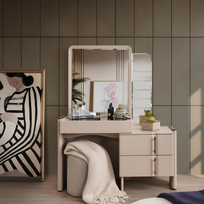 Coiffeuse Beige de designer avec miroir pour chambre à coucher, ensemble exclusif de 2 pièces