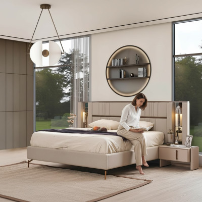 Chambre luxueuse Beiges Lit double 2x Tables de chevet Mobilier moderne