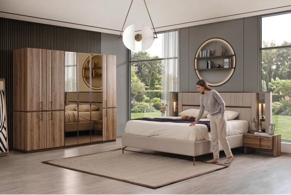 Lit double beige moderne 2x tables de chevet armoire meuble en bois