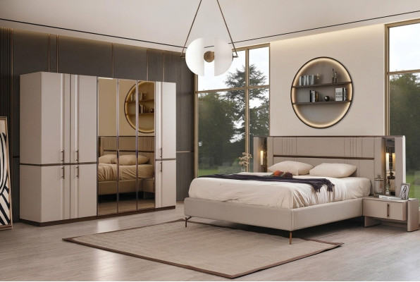 Lit double beige moderne 2x tables de chevet armoire meuble en bois
