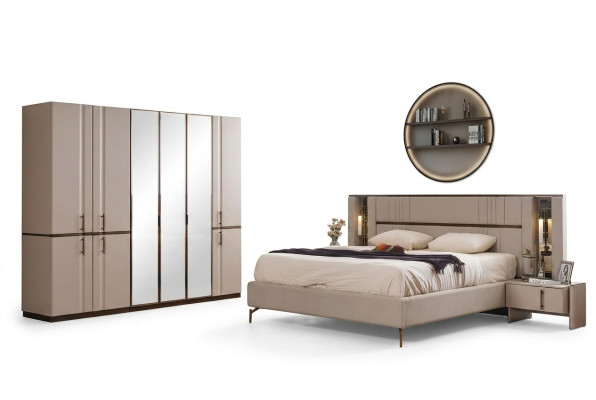 Lit double beige moderne 2x tables de chevet armoire meuble en bois