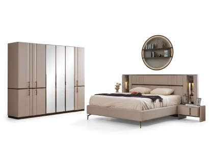 Lit double beige moderne 2x tables de chevet armoire meuble en bois