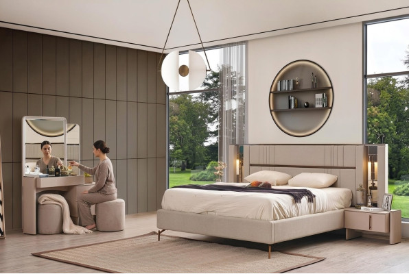 Meubles de chambre modernes Lit double beige 2x tables de chevet Coiffeuse