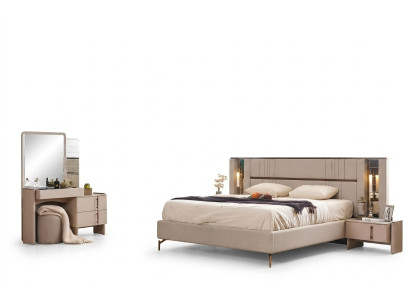 Meubles de chambre modernes Lit double beige 2x tables de chevet Coiffeuse