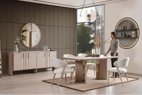 Ensemble de salle à manger complet en beige : Table à manger, chaises, bahut, miroir