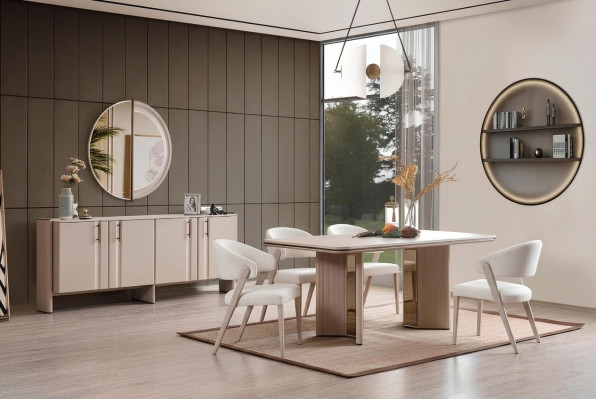 Ensemble de salle à manger complet en beige : Table à manger, chaises, bahut, miroir