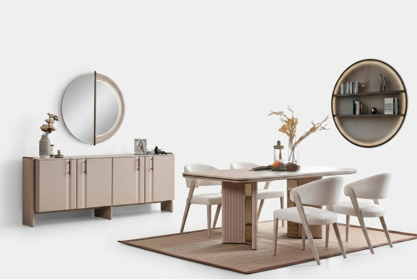 Ensemble de salle à manger complet en beige : Table à manger, chaises, bahut, miroir