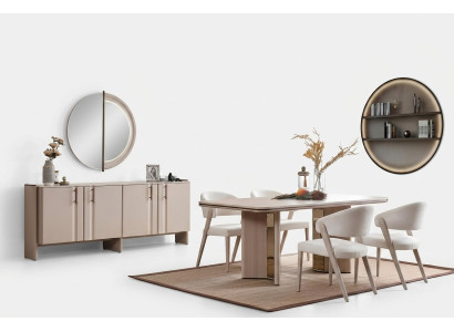 Ensemble de salle à manger complet en beige : Table à manger, chaises, bahut, miroir