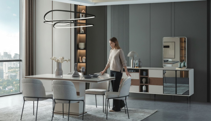 Ensemble salle à manger blanc Table à manger rectangulaire 4 chaises Buffet de luxe Miroir