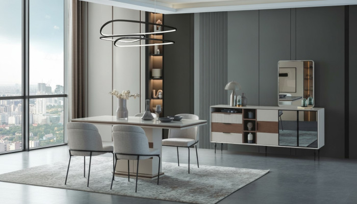 Ensemble salle à manger blanc Table à manger rectangulaire 4 chaises Buffet de luxe Miroir