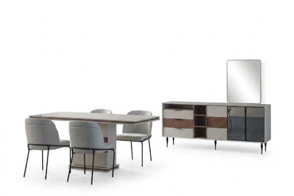 Ensemble salle à manger blanc Table à manger rectangulaire 4 chaises Buffet de luxe Miroir