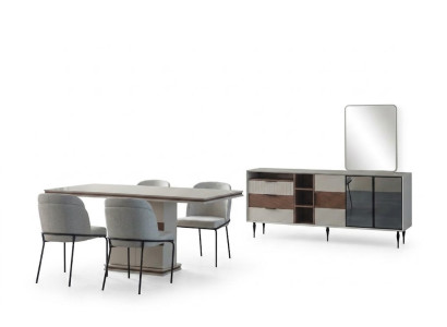 Ensemble salle à manger blanc Table à manger rectangulaire 4 chaises Buffet de luxe Miroir