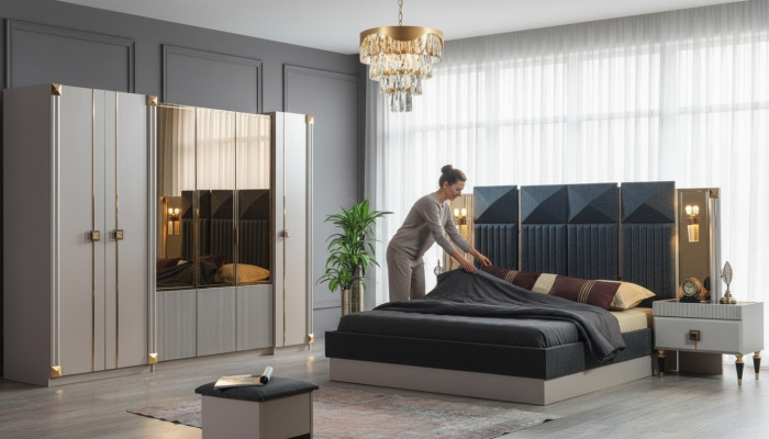 Mobilier de chambre luxueux Lit double Rembourrage Bois Tables de chevet Armoire
