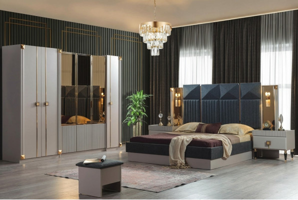 Mobilier de chambre luxueux Lit double Rembourrage Bois Tables de chevet Armoire
