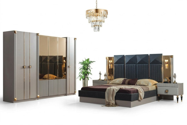Mobilier de chambre luxueux Lit double Rembourrage Bois Tables de chevet Armoire
