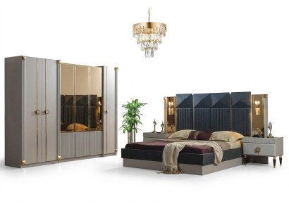 Mobilier de chambre luxueux Lit double Rembourrage Bois Tables de chevet Armoire