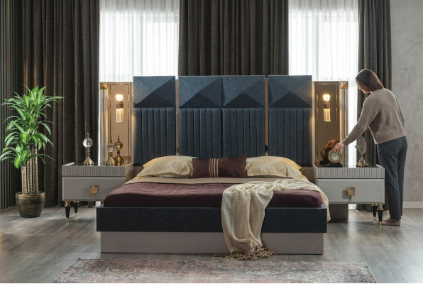 Meuble de chambre moderne designer Lit gris 2x Tables de chevet en bois 3 pièces