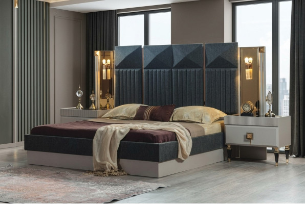 Meuble de chambre moderne designer Lit gris 2x Tables de chevet en bois 3 pièces