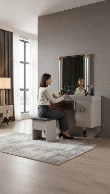 Modern Bedroom Wood Furniture Dressing table Stool Mirror Suite --- Chambre à coucher moderne Mobilier en bois Coiffeuse Tabouret Miroir Ensemble