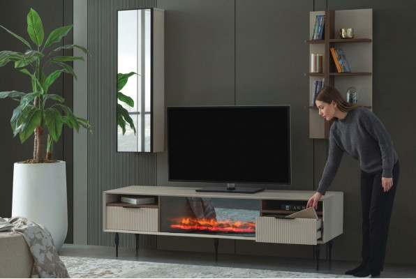 Unité murale beige Armoire de télévision design Étagère murale Étagère en bois de luxe Ensemble de 3 pièces