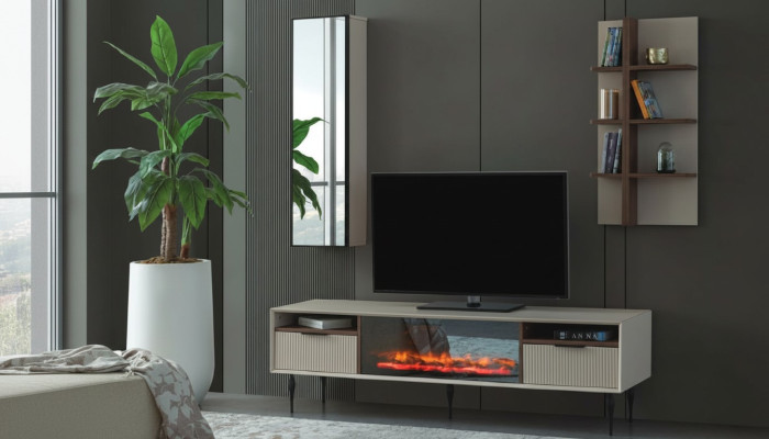 Unité murale beige Armoire de télévision design Étagère murale Étagère en bois de luxe Ensemble de 3 pièces