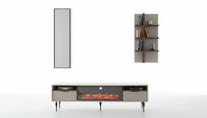 Unité murale beige Armoire de télévision design Étagère murale Étagère en bois de luxe Ensemble de 3 pièces