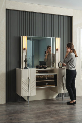 Set de chambre de luxe Blanche Coiffeuse Miroir Designer Ensemble de 2 pièces