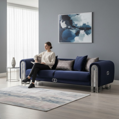 Meubles rembourrés de haute qualité pour canapé de salon Bleu de 240cm, trois places.
