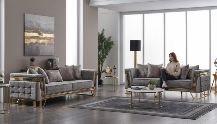 Ensemble de canapé de luxe suite de designer trois places meubles textiles groupe de vie moderne