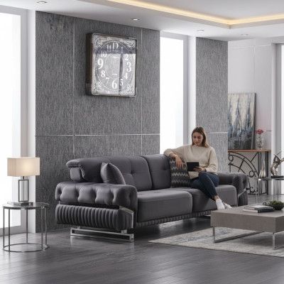 Canapé moderne, trois places, de designer gris, meuble de salon, rembourré en textile