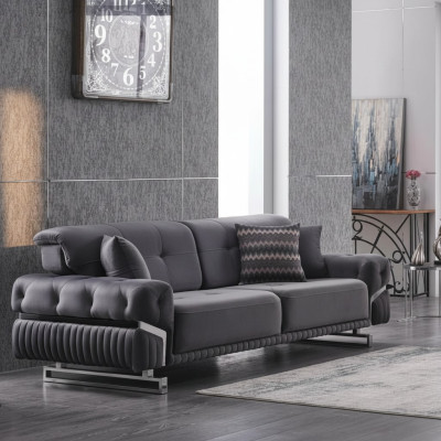 Canapé moderne, trois places, de designer gris, meuble de salon, rembourré en textile