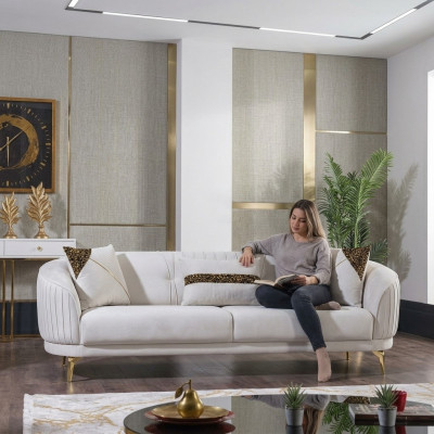 Canape trois places rembourre de meubles de luxe en velours en acier inoxydable blanc