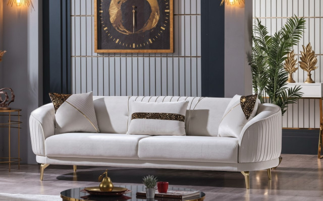 Canape trois places rembourre de meubles de luxe en velours en acier inoxydable blanc