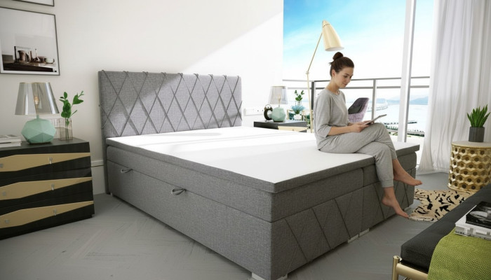 Lit sommier à ressorts de luxe double gris, design de lit Lit rembourré Chambre à coucher Textile