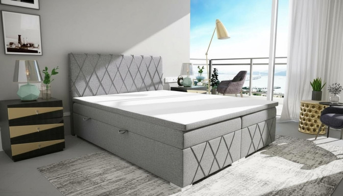 Lit sommier à ressorts de luxe double gris, design de lit Lit rembourré Chambre à coucher Textile