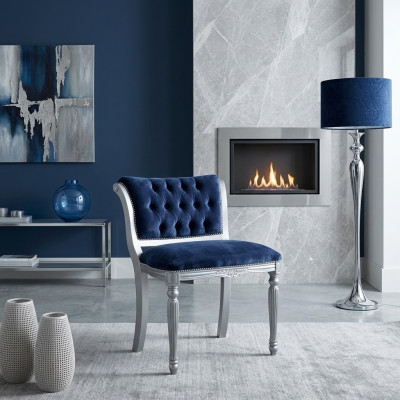 Chaise de salle à manger Chesterfield bleue, siège de chaise rembourré, fauteuil, design classique en forme de S.