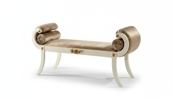 Banc rembourré classique en beige, designer de meubles de siège de banc en bois.
