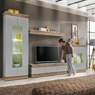 Mur moderne en bois gris marron avec support TV 2x vitrines design de luxe