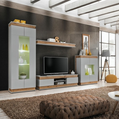Mur moderne en bois gris marron avec support TV 2x vitrines design de luxe