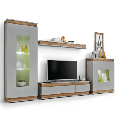 Mur moderne en bois gris marron avec support TV 2x vitrines design de luxe