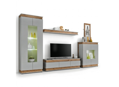Mur moderne en bois gris marron avec support TV 2x vitrines design de luxe