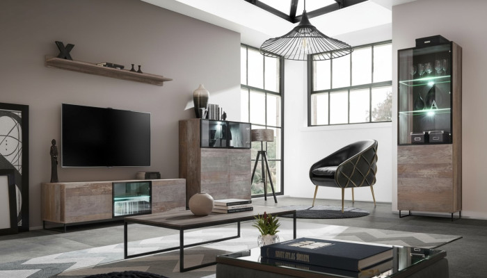 Ensemble de salon moderne avec meuble TV, buffet bas de design, vitrine d'ameublement en bois neuf.
