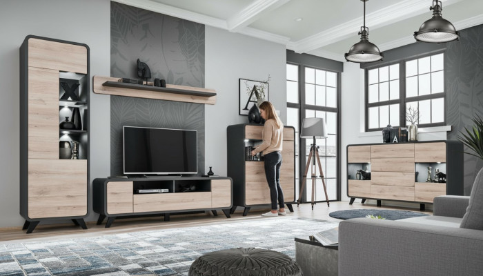 Ensemble de salon de 5 pièces avec support de TV, vitrine, étagère, meubles en bois