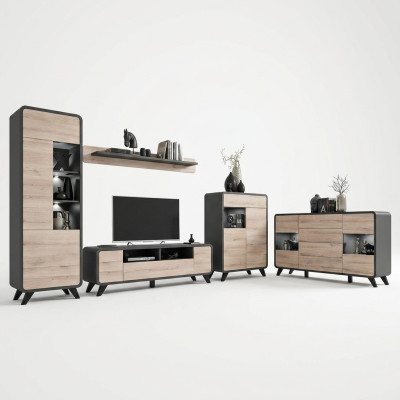 Ensemble de salon de 5 pièces avec support de TV, vitrine, étagère, meubles en bois