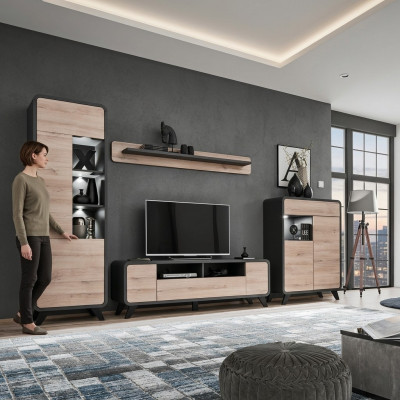 Set de salon Étagère murale Meuble TV bas Meubles en bois 2x Vitrine Unité murale nouveau